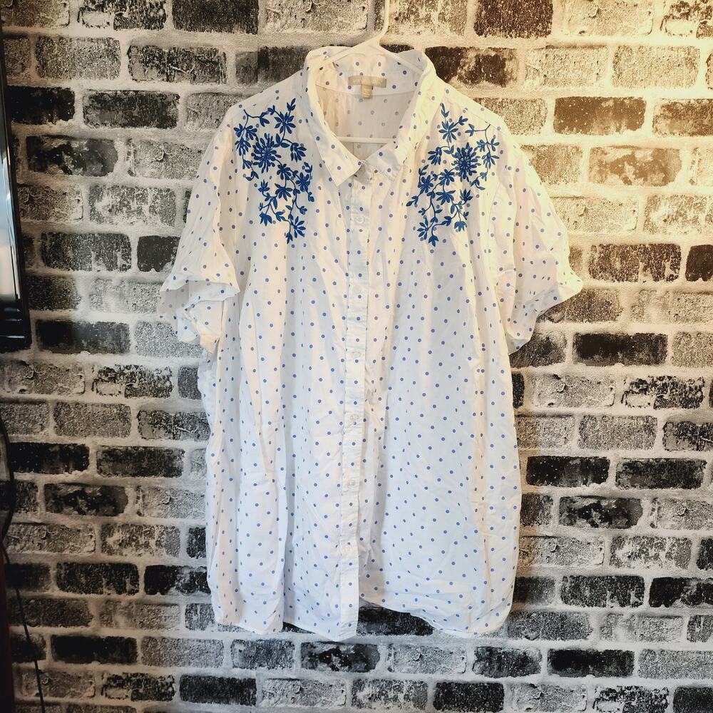 Women Within Short Sleeve Button Down Polka Dot Embroidered Floral Shirt Plus 4X